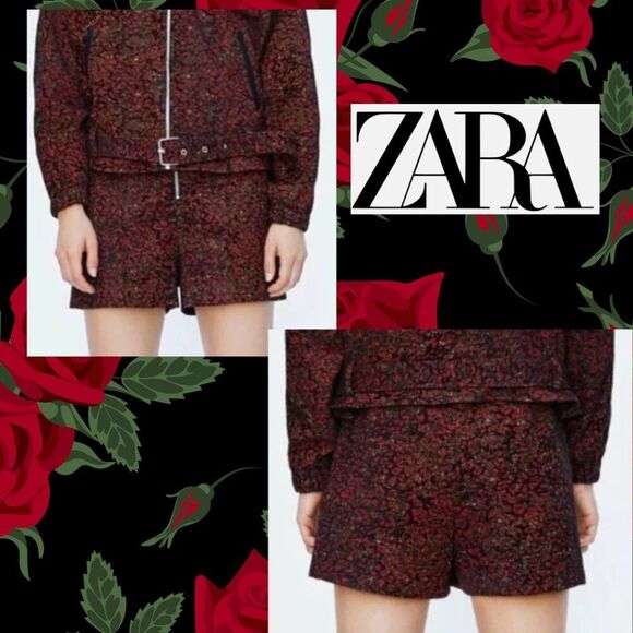 Basic Zara High Rise Red Floral Jacquard Zipper Short - Picture 1 of 11